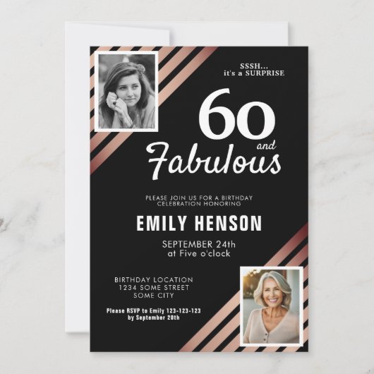 60と素晴らしい金ゴールドバラ2写真誕生日 招待状 (正面)