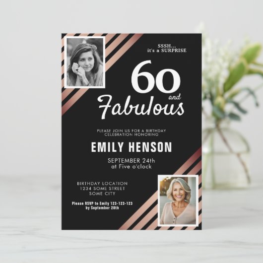 60と素晴らしい金ゴールドバラ2写真誕生日 招待状 (スタンド正面)