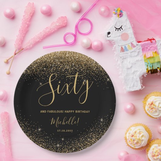 60と素晴らしい黒エレガント金ゴールド誕生日パーティー ペーパープレート (パーティー)