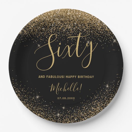 60と素晴らしい黒エレガント金ゴールド誕生日パーティー ペーパープレート (正面)