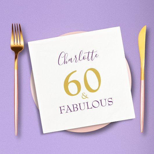 60と素晴らしい60エレガント番目の誕生日紫金ゴールド スタンダードカクテルナプキン