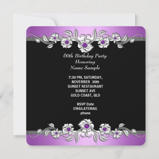 60と素晴らしい60thバースデーパーティーシルバー薄紫2a 招待状 (裏面)