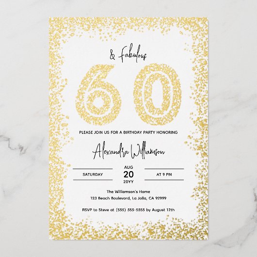 60と素晴らしい60th誕生日パーティー実在金ゴールド 箔招待状 (正面)