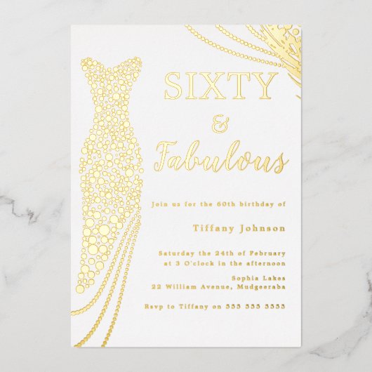 60と素晴らしい！ゴールドフォイルドレス60誕生日 箔招待状 (正面)