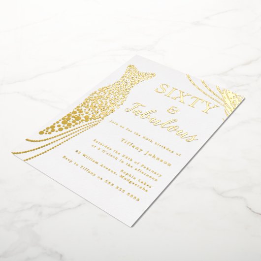 60と素晴らしい！ゴールドフォイルドレス60誕生日 箔招待状 (回転した状態)