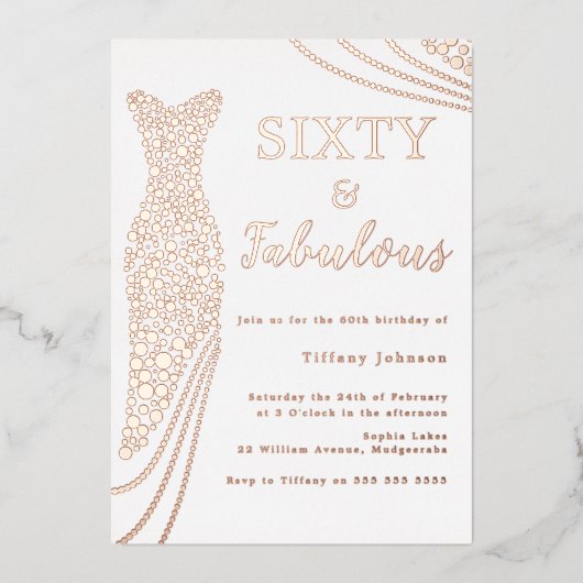 60と素晴らしい！バラ金ゴールドドレス60誕生日 箔招待状 (正面)