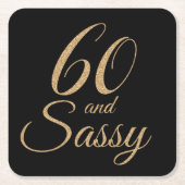 60とSassyブラック金ゴールドグリッター60番目の誕生日ギフト スクエアペーパーコースター (正面)