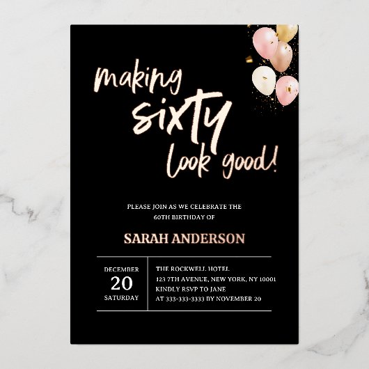 60の良い黒い誕生日エレガントパーティーを作る 箔招待状 (正面)