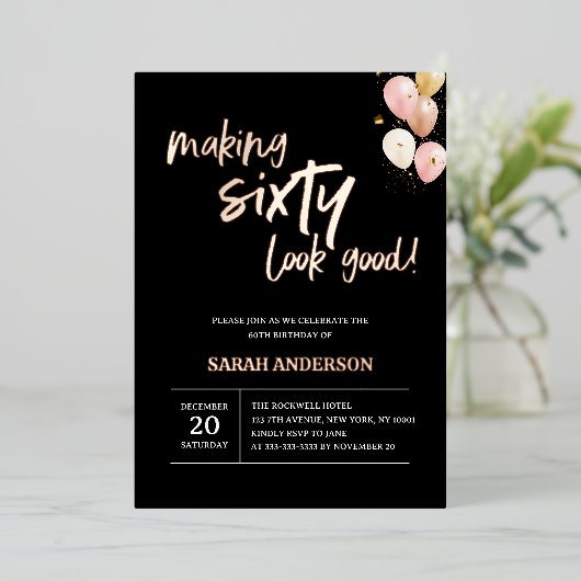60の良い黒い誕生日エレガントパーティーを作る 箔招待状 (立ち正面)