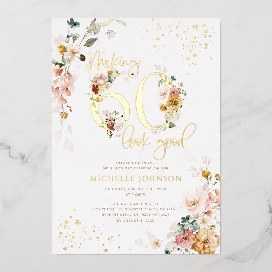 60の見栄えを良くするピンクのフローラ金ゴールド 箔招待状 (正面)