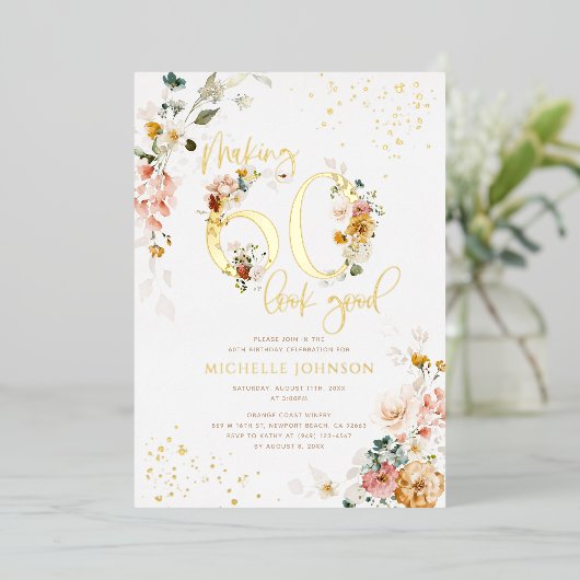 60の見栄えを良くするピンクのフローラ金ゴールド 箔招待状 (立ち正面)