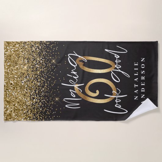 60を良く見える金ゴールドグリッター誕生日 ビーチタオル (正面)