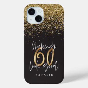 60を良く見える金ゴールドグリッター誕生日 iPhone 15ケース