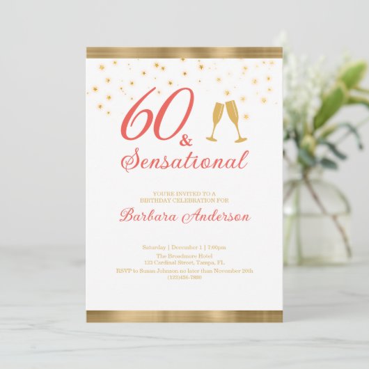 60エレガントとセンセーショナル金ゴールドとピンク誕生日 招待状 (スタンド正面)