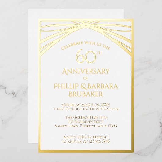 60エレガント年結婚3月パーティー金ゴールド 箔招待状 (正面/裏面)