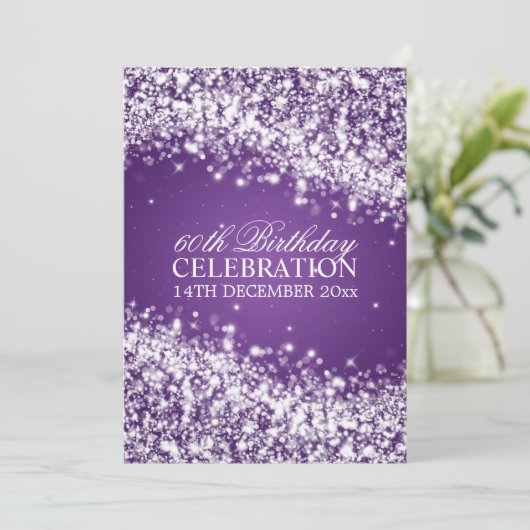 60エレガント歳の誕生日パーティーきらめくウェーブパープル 招待状 (スタンド正面)