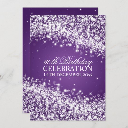 60エレガント歳の誕生日パーティーきらめくウェーブパープル 招待状 (正面/裏面)