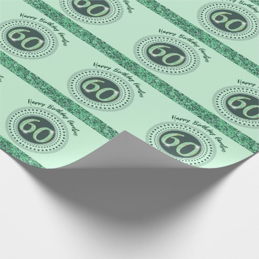 60エレガント番目の誕生日グリーングリッターとストライプ ラッピングペーパー (角)