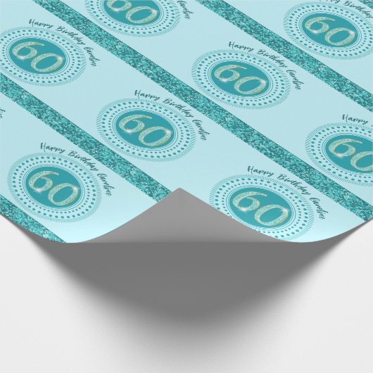 60エレガント番目の誕生日ティール（緑がかった色）ブルーグリッターとストライプ ラッピングペーパー (角)