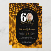 60エレガント番目の誕生日金ゴールド黒いカスタム写真 招待状 (正面/裏面)