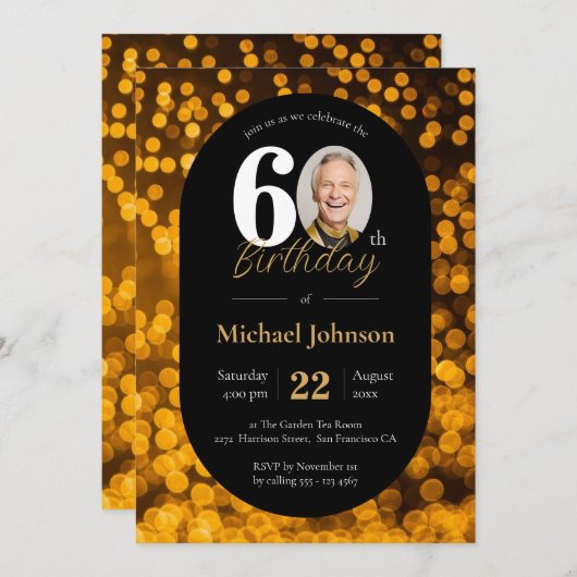 60エレガント番目の誕生日金ゴールド黒いカスタム写真 招待状 (正面/裏面)