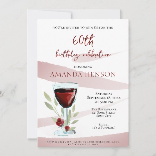 60エレガント誕生日レッドワインサプライズパーティー 招待状 (正面)