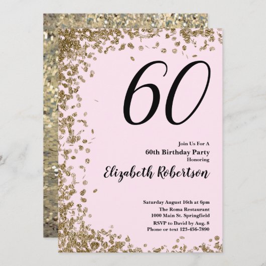 60エレガント誕生日招待状ピンク金ゴールドセクイン 招待状 (正面/裏面)