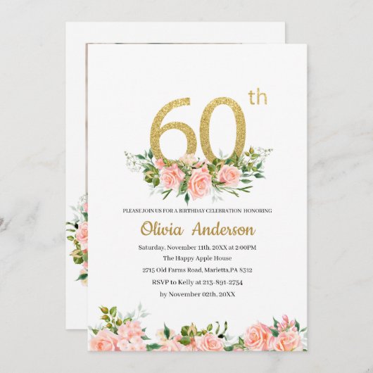 60エレガント誕生祝い水彩グリット 招待状 (正面/裏面)