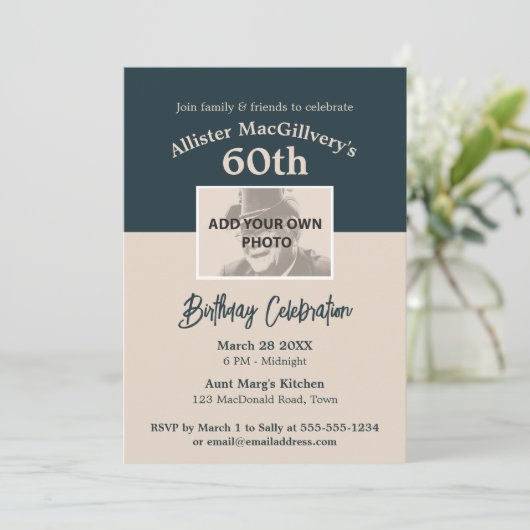 60カジュアル番目の誕生日招待状（写真あり） – 青 招待状 (スタンド正面)