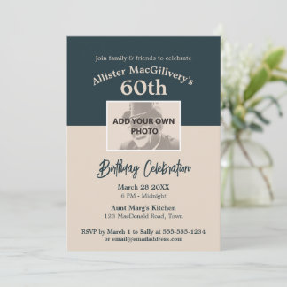60カジュアル番目の誕生日招待状（写真あり） – 青 招待状