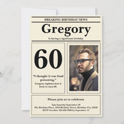 60カスタム番目の誕生日おもしろい引用文レトロ新聞 招待状 (正面)