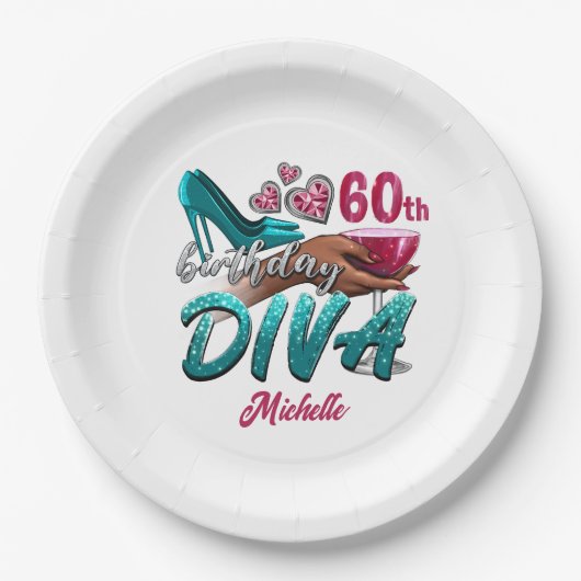 60カスタム番目の誕生日アフリカンアメリカンブラックディヴァ ペーパープレート (正面)