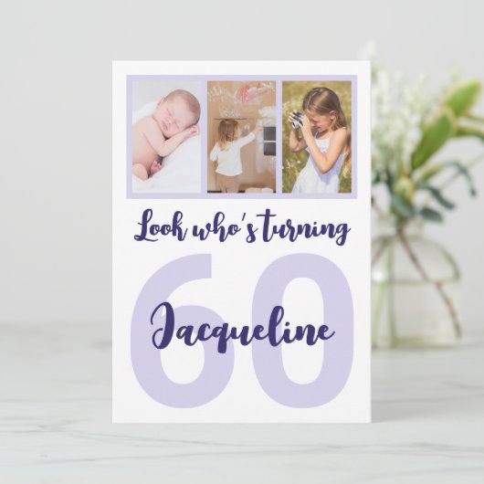 60カスタム番目の誕生日紫のスクリプト写真コラージュ 招待状 (スタンド正面)