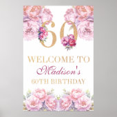 60カスタム番目の誕生日金ゴールドグリッターピンク牡丹 ポスター (正面)