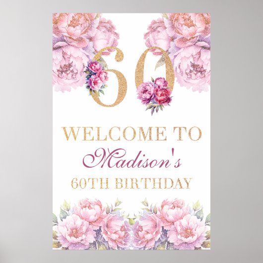 60カスタム番目の誕生日金ゴールドグリッターピンク牡丹 ポスター (正面)