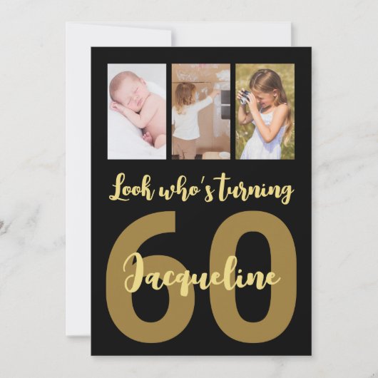 60カスタム番目の誕生日金ゴールドモダンコラージュ 招待状 (正面)