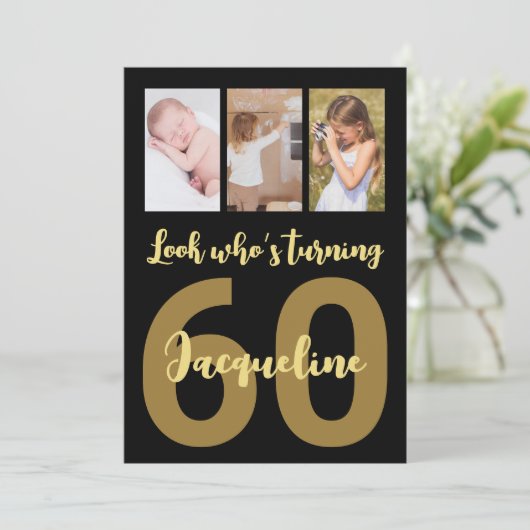 60カスタム番目の誕生日金ゴールドモダンコラージュ 招待状 (スタンド正面)