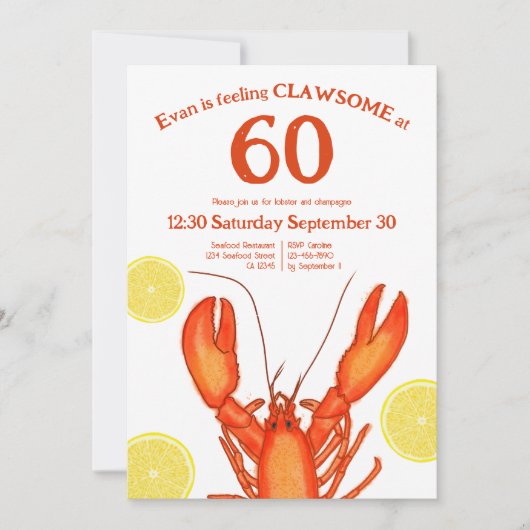 60カスタムth誕生日水彩ロブスターシーフード 招待状 (正面)