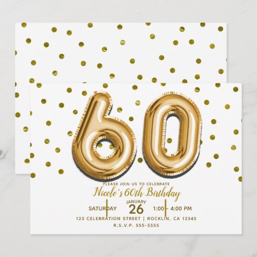 60ゴールドバルーンと紙吹雪 60歳の誕生日パーティー 招待状 (正面/裏面)