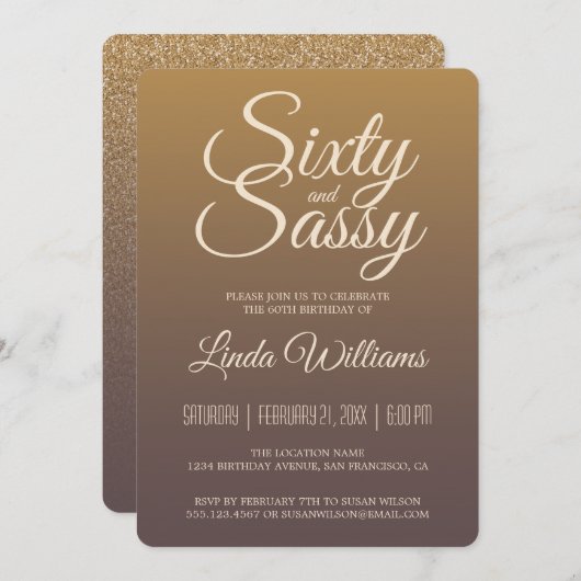 60サッシー·金ゴールド·ブルゴグラデーションンディ第60回誕生日パーティー 招待状 (正面/裏面)