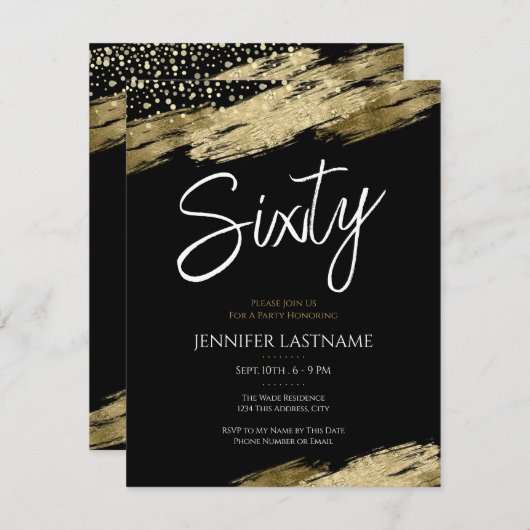 60スクリプエレガントトブラックと金ゴールド誕生日 招待状 (正面/裏面)