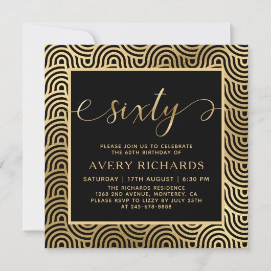 60スクリプエレガントト黒番と金ゴールド60誕生日 招待状 (正面)