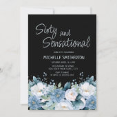 60センセーショナル埃っぽい青い白いフローラブラック 招待状 (正面)