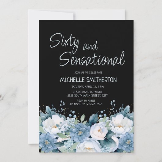 60センセーショナル埃っぽい青い白いフローラブラック 招待状 (正面)