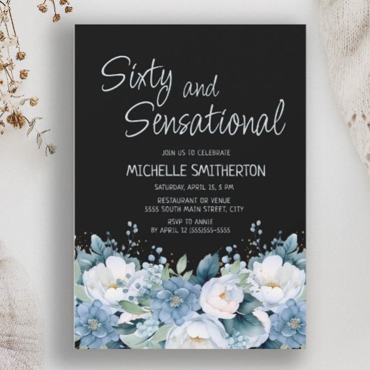 60センセーショナル埃っぽい青い白いフローラブラック 招待状
