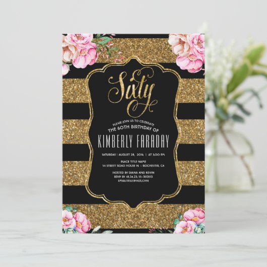 60バースデーパーティ招待状-フローラ金ゴールドのエラー 招待状 (スタンド正面)