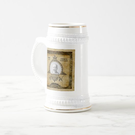60パーソナライズされた番目の誕生日名の年の写真ヴィンテージ ビールジョッキ (正面左)