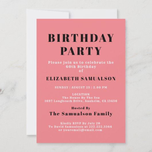 60パーソナライズされた番目の誕生日名前を追加ピンク 招待状 (裏面)
