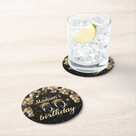 60パーソナライズされた誕生日ブラック金ゴールド ラウンドペーパーコースター (インサイチュ)