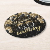 60パーソナライズされた誕生日ブラック金ゴールド ラウンドペーパーコースター (アングル)